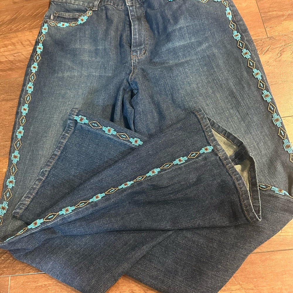 Ralph Lauren Dark Blue Straight Leg Jeans with Turquoise Embroidery/ Beaded